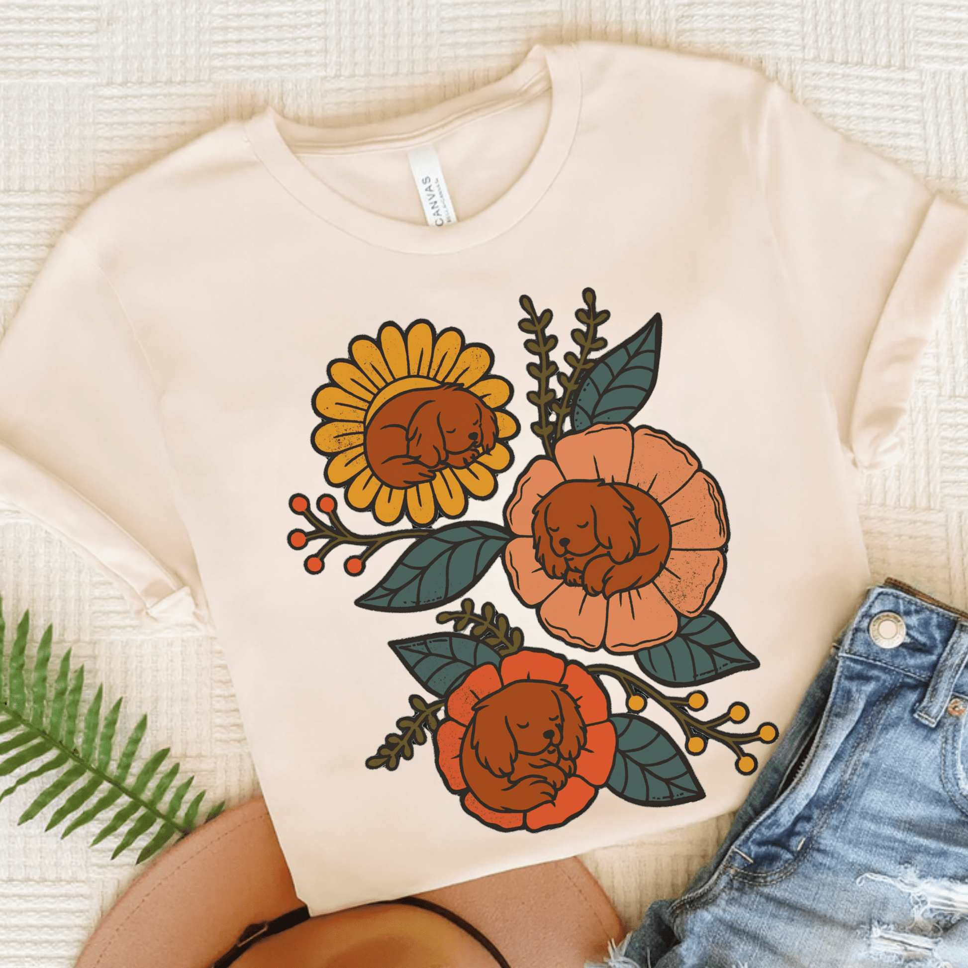 Ruby Cavalier Sleeping Flowers TShirt Natural
