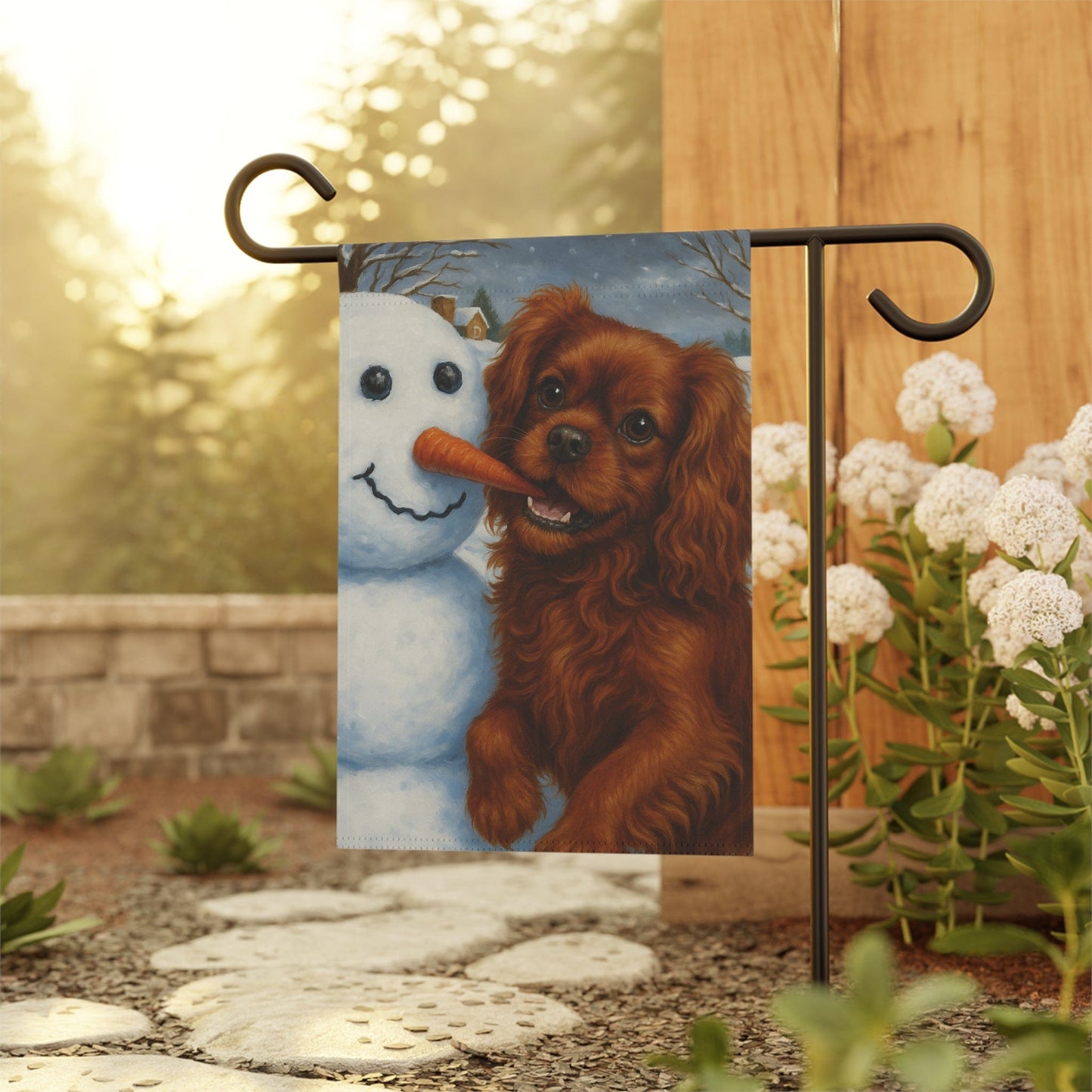 Ruby Cavalier Snowman Garden Flag