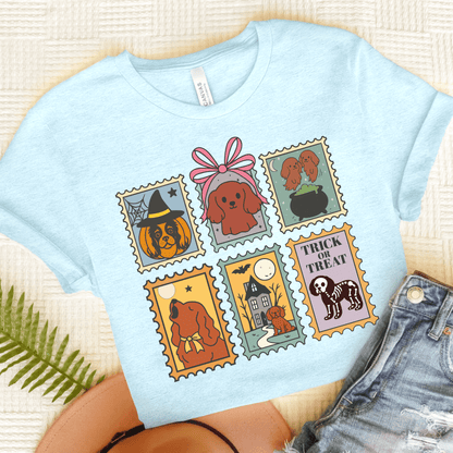 Ruby Cavalier Spooky Stamps TShirt Heather Ice Blue