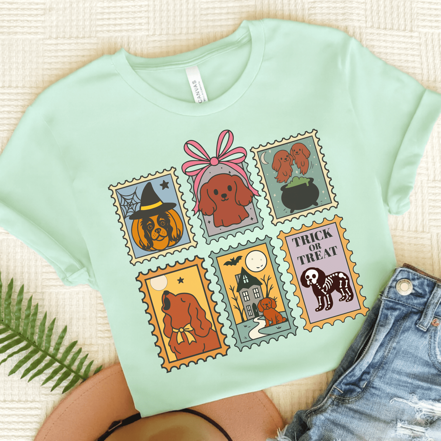 Ruby Cavalier Spooky Stamps TShirt Heather Mint