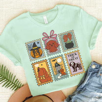 Ruby Cavalier Spooky Stamps TShirt Heather Mint