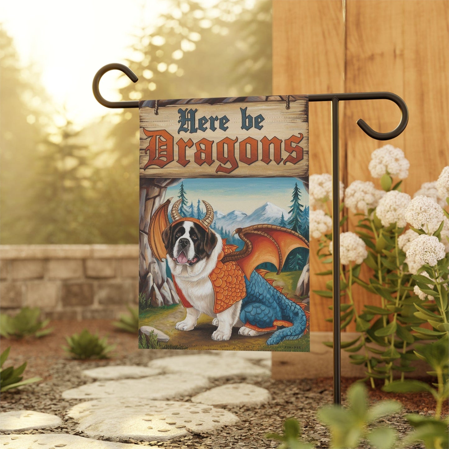 Printify Home Decor Saint Bernard Dog Dragon Garden Flag, Fantasy Pet Yard Spring Decor, Housewarming Halloween