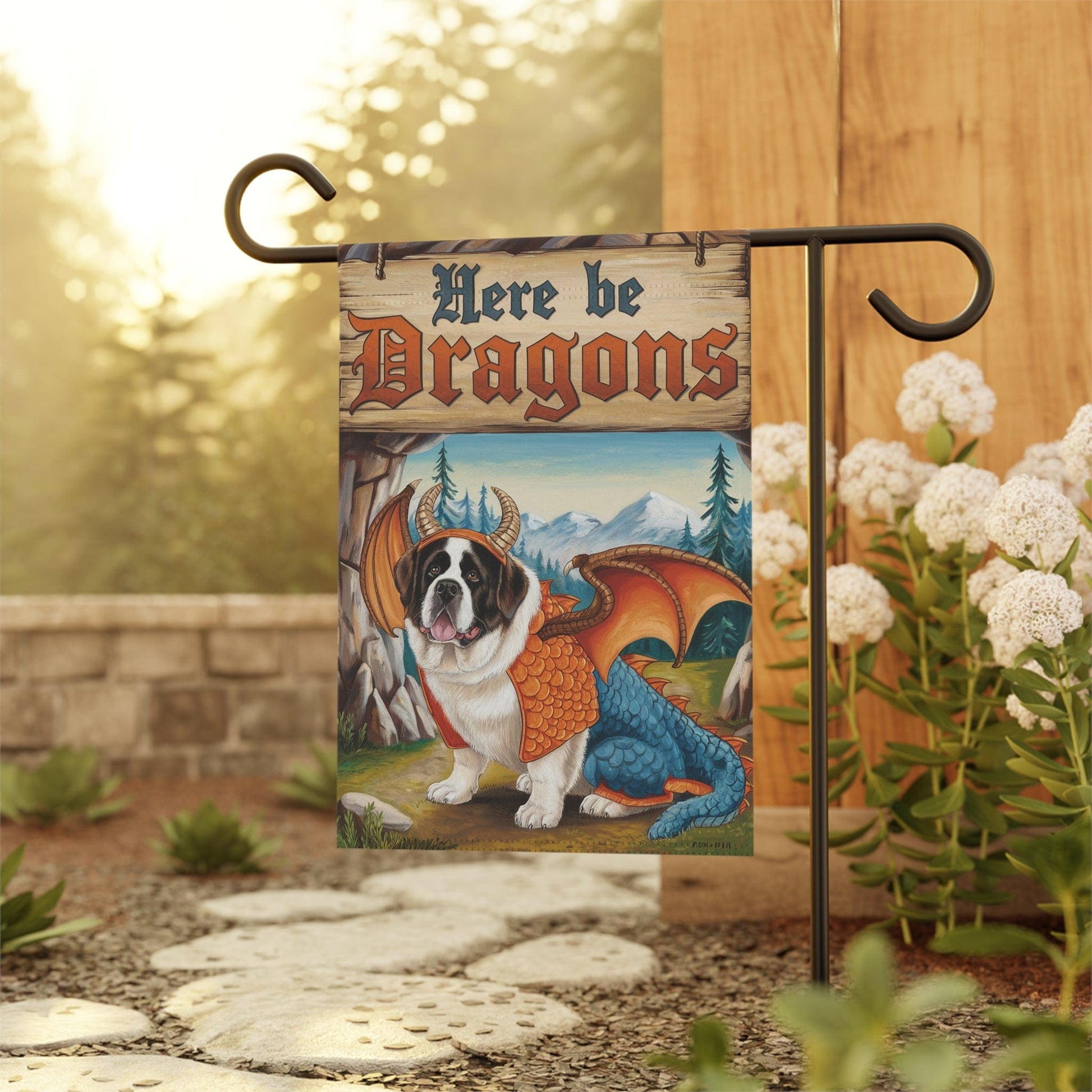 Printify Home Decor Saint Bernard Dog Dragon Garden Flag, Fantasy Pet Yard Spring Decor, Housewarming Halloween