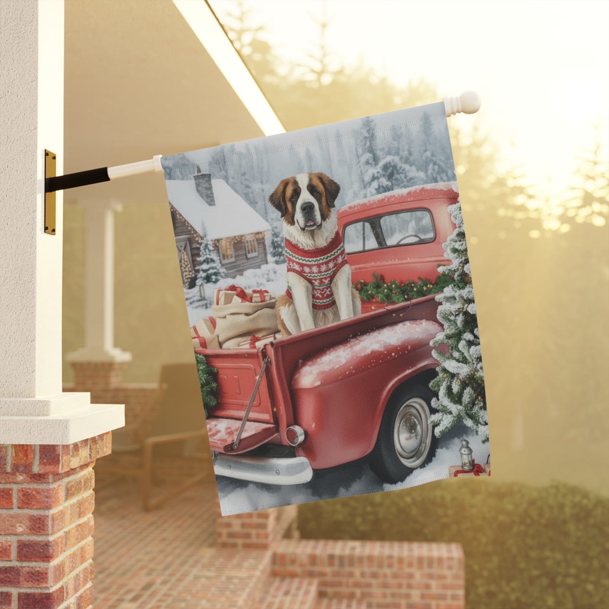 Saint Bernard Dog Red Truck Christmas Garden Flag