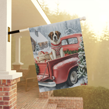 Saint Bernard Dog Red Truck Christmas Garden Flag