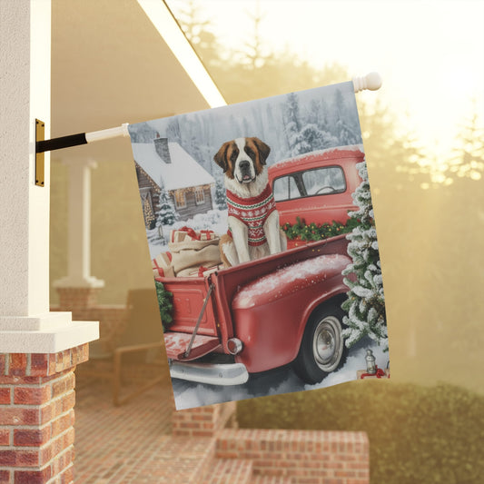 Saint Bernard Dog Red Truck Christmas Garden Flag