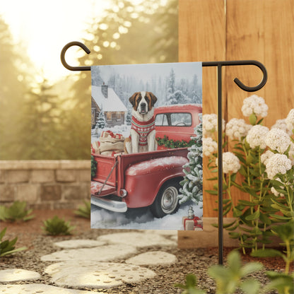 Saint Bernard Dog Red Truck Christmas Garden Flag