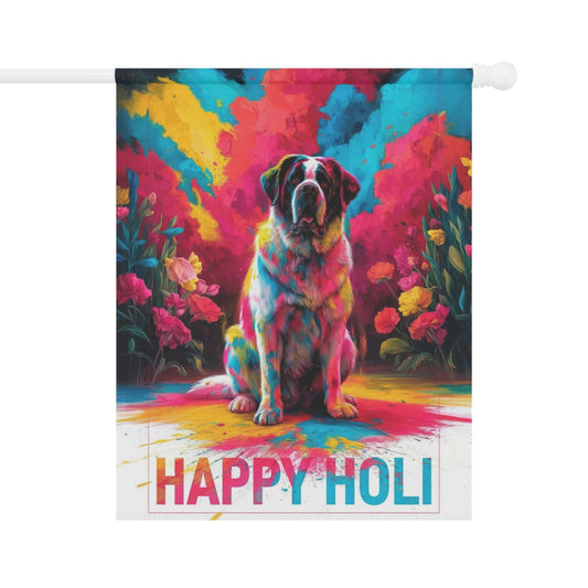 Printify Home Decor 24.5'' × 32'' Saint Bernard Holi Indian Celebration Garden Flag – Colorful Spring Yard Decor for Dog Lovers