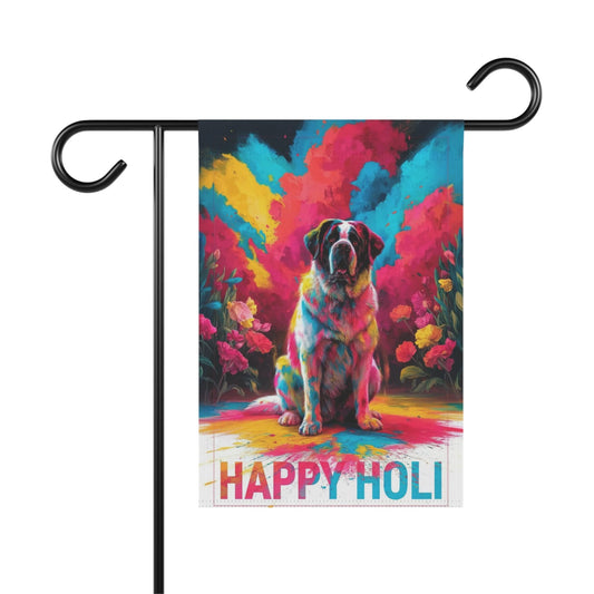 Printify Home Decor 12'' × 18'' Saint Bernard Holi Indian Celebration Garden Flag – Colorful Spring Yard Decor for Dog Lovers