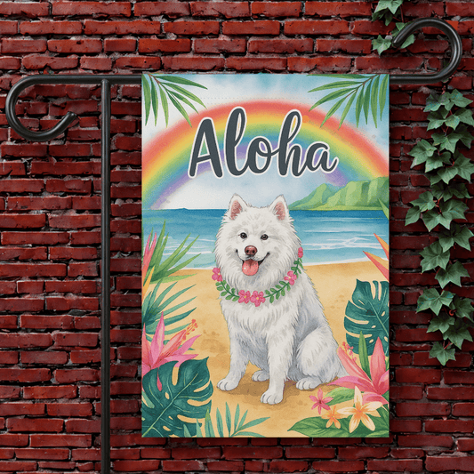 Printify Garden Flag 12'' × 18'' Samoyed Dog Aloha Luau Garden Flag