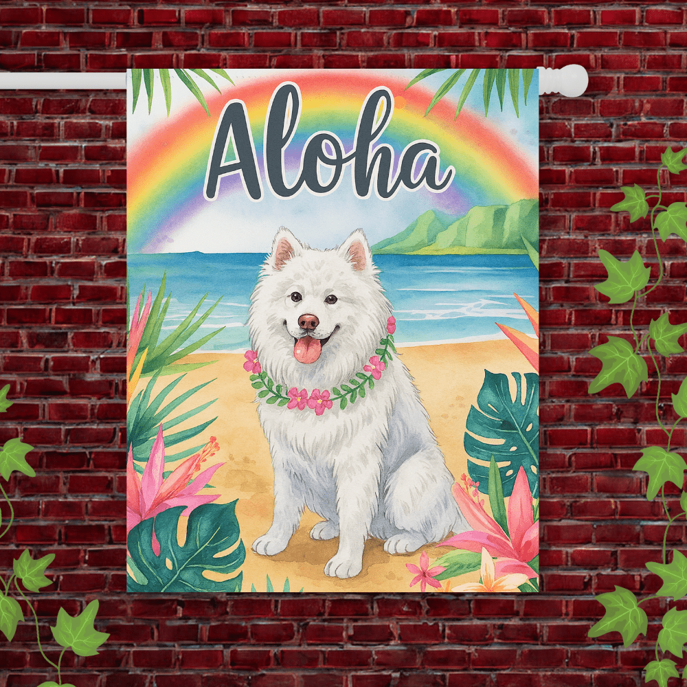 Printify Garden Flag 24.5'' × 32'' Samoyed Dog Aloha Luau Garden Flag