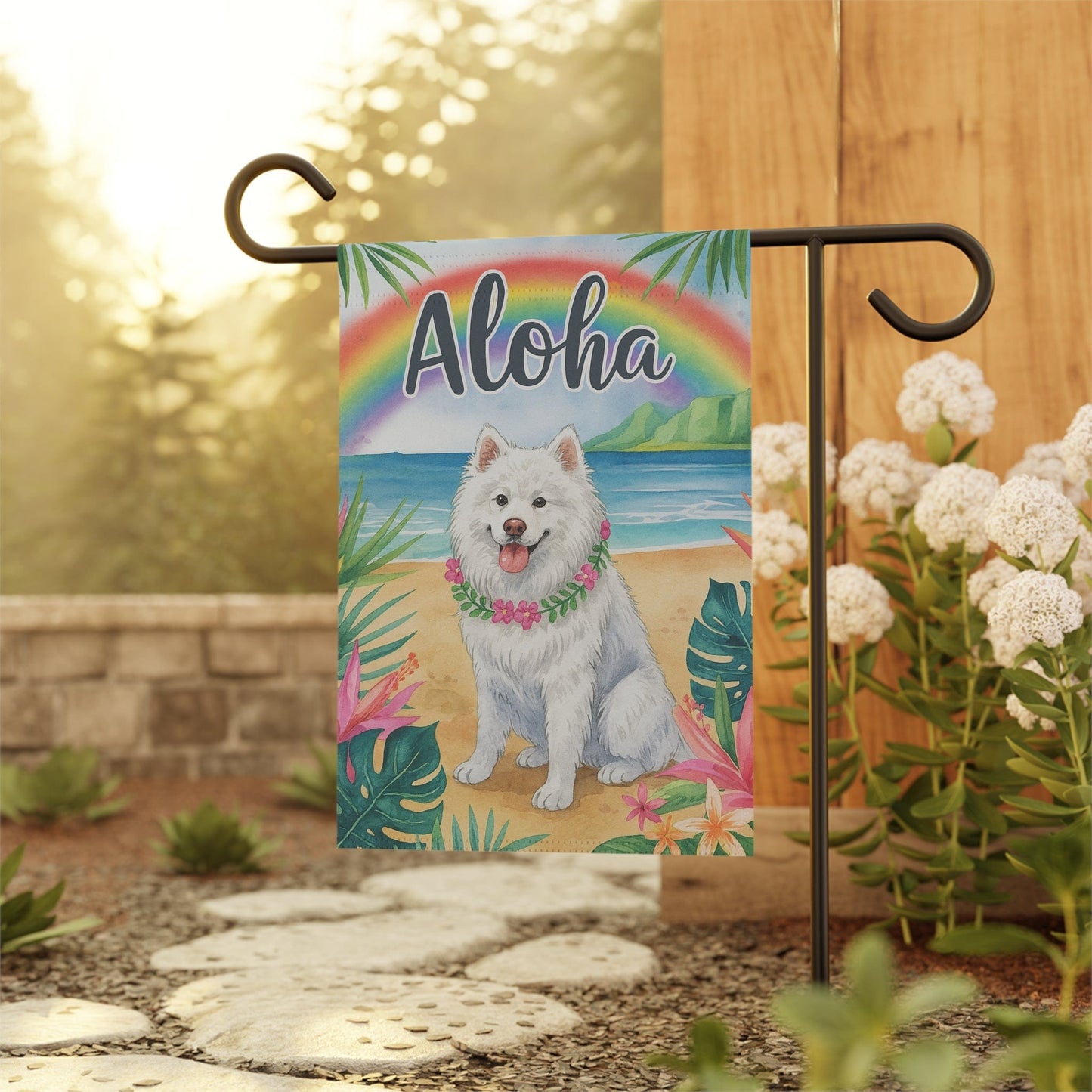Printify Garden Flag Samoyed Dog Aloha Luau Garden Flag