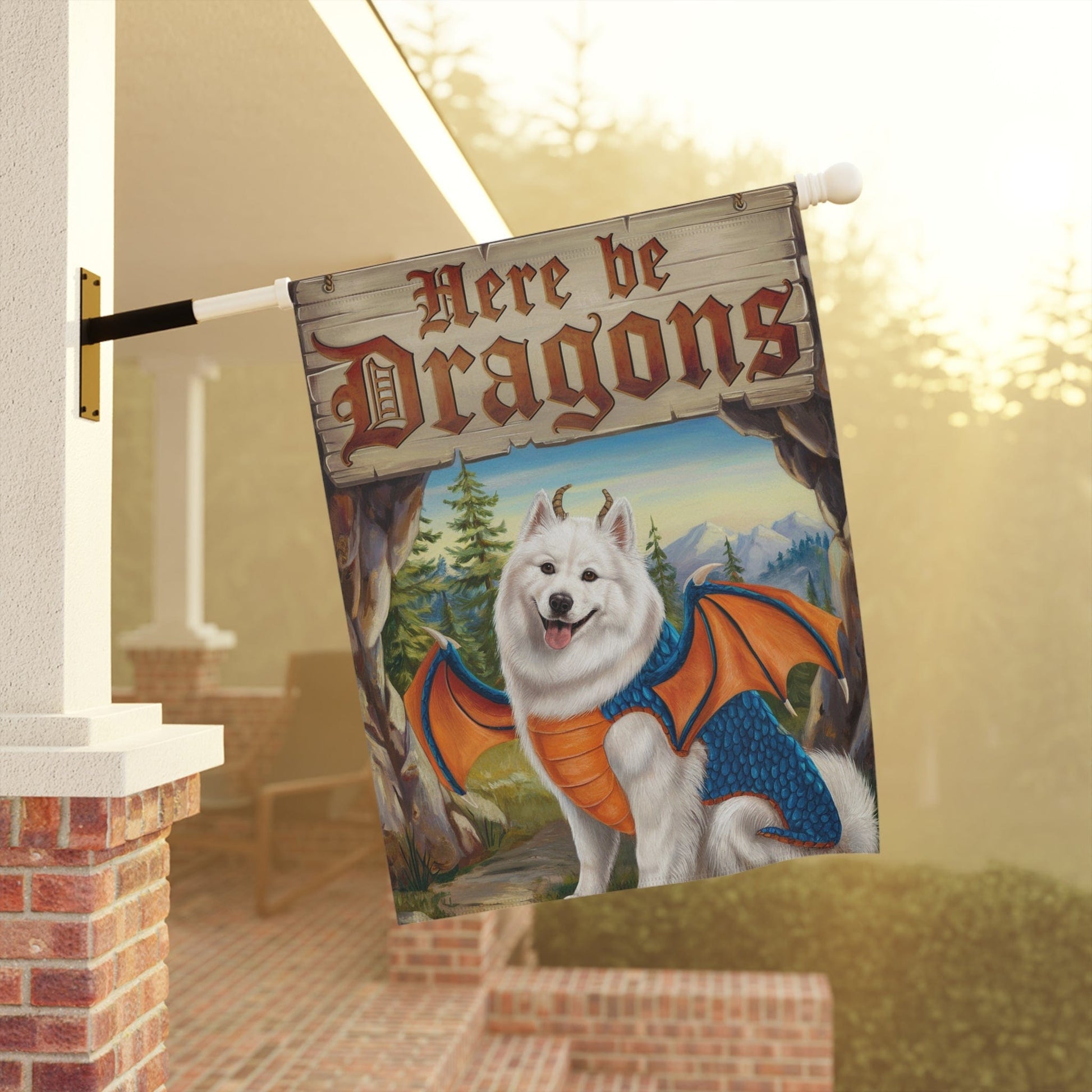 Printify Home Decor Samoyed Dog Dragon, Garden Flag, Fantasy Pet Adventure, Yard Spring Decor, Housewarming Halloween