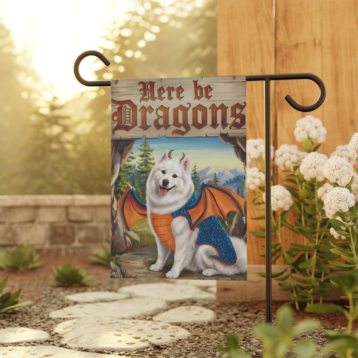 Printify Home Decor Samoyed Dog Dragon, Garden Flag, Fantasy Pet Adventure, Yard Spring Decor, Housewarming Halloween