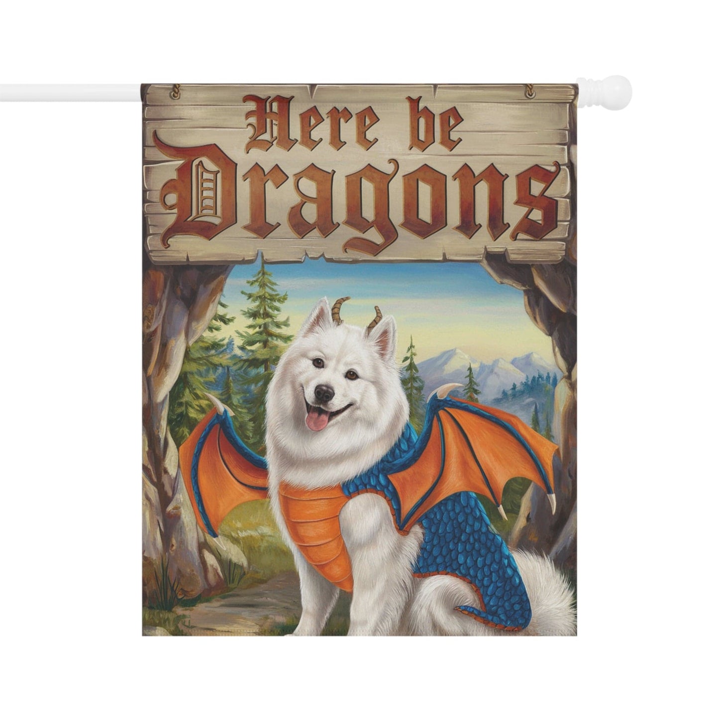Printify Home Decor 24.5'' × 32'' Samoyed Dog Dragon, Garden Flag, Fantasy Pet Adventure, Yard Spring Decor, Housewarming Halloween