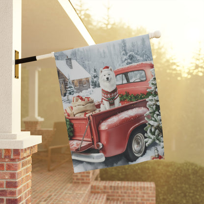 Samoyed Dog Red Truck Christmas Garden Flag