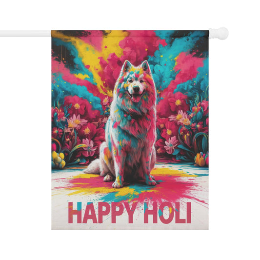 Printify Home Decor 24.5'' × 32'' Samoyed Holi Festival, Indian Celebration Garden Flag, Colorful Spring Yard Decor