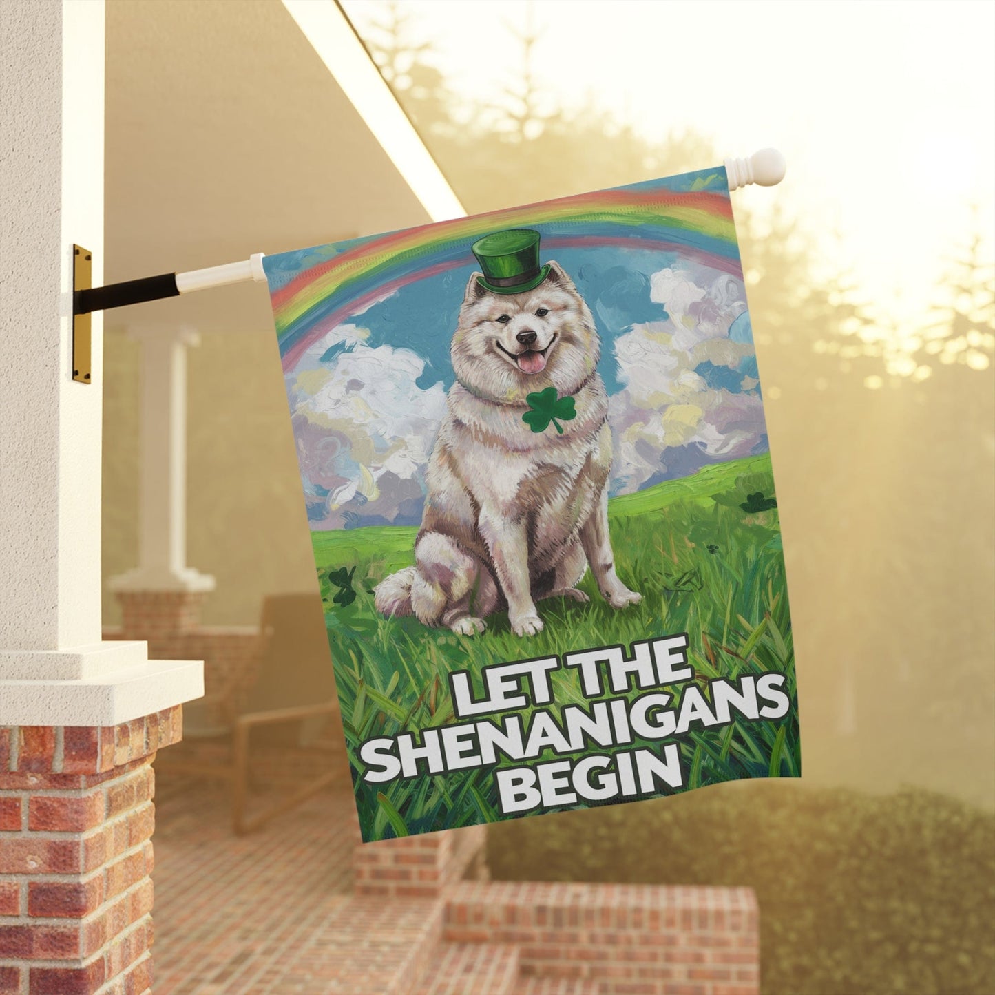 Printify Home Decor Samoyed Saint Patricks Day Lawn Flag, Rainbow and Shamrock Illustration Garden Flag