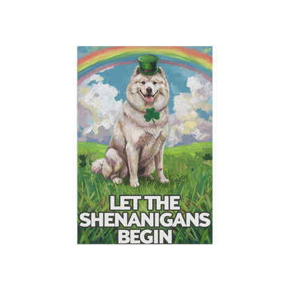 Printify Home Decor Samoyed Saint Patricks Day Lawn Flag, Rainbow and Shamrock Illustration Garden Flag
