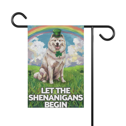 Printify Home Decor Samoyed Saint Patricks Day Lawn Flag, Rainbow and Shamrock Illustration Garden Flag