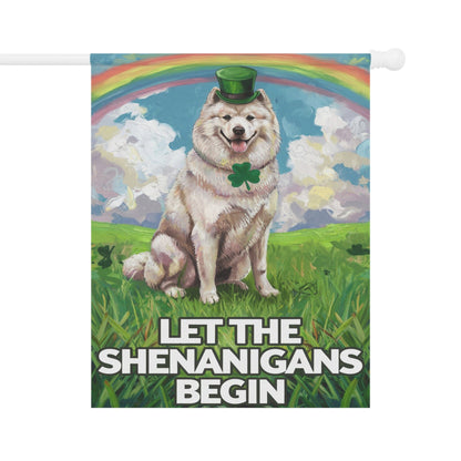 Printify Home Decor 24.5'' × 32'' Samoyed Saint Patricks Day Lawn Flag, Rainbow and Shamrock Illustration Garden Flag