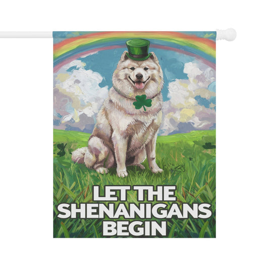 Printify Home Decor 24.5'' × 32'' Samoyed Saint Patricks Day Lawn Flag, Rainbow and Shamrock Illustration Garden Flag