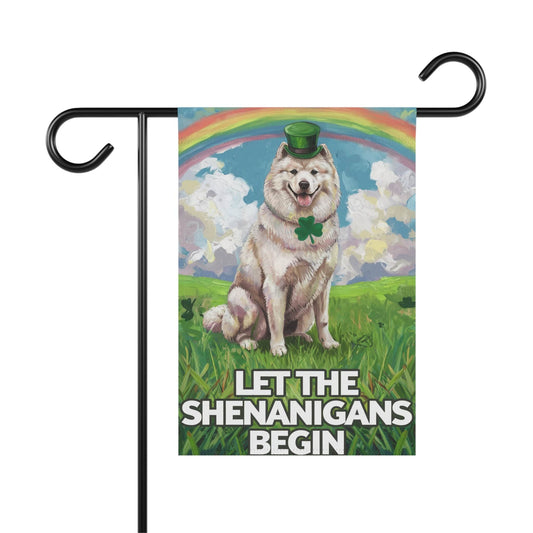 Printify Home Decor 12'' × 18'' Samoyed Saint Patricks Day Lawn Flag, Rainbow and Shamrock Illustration Garden Flag