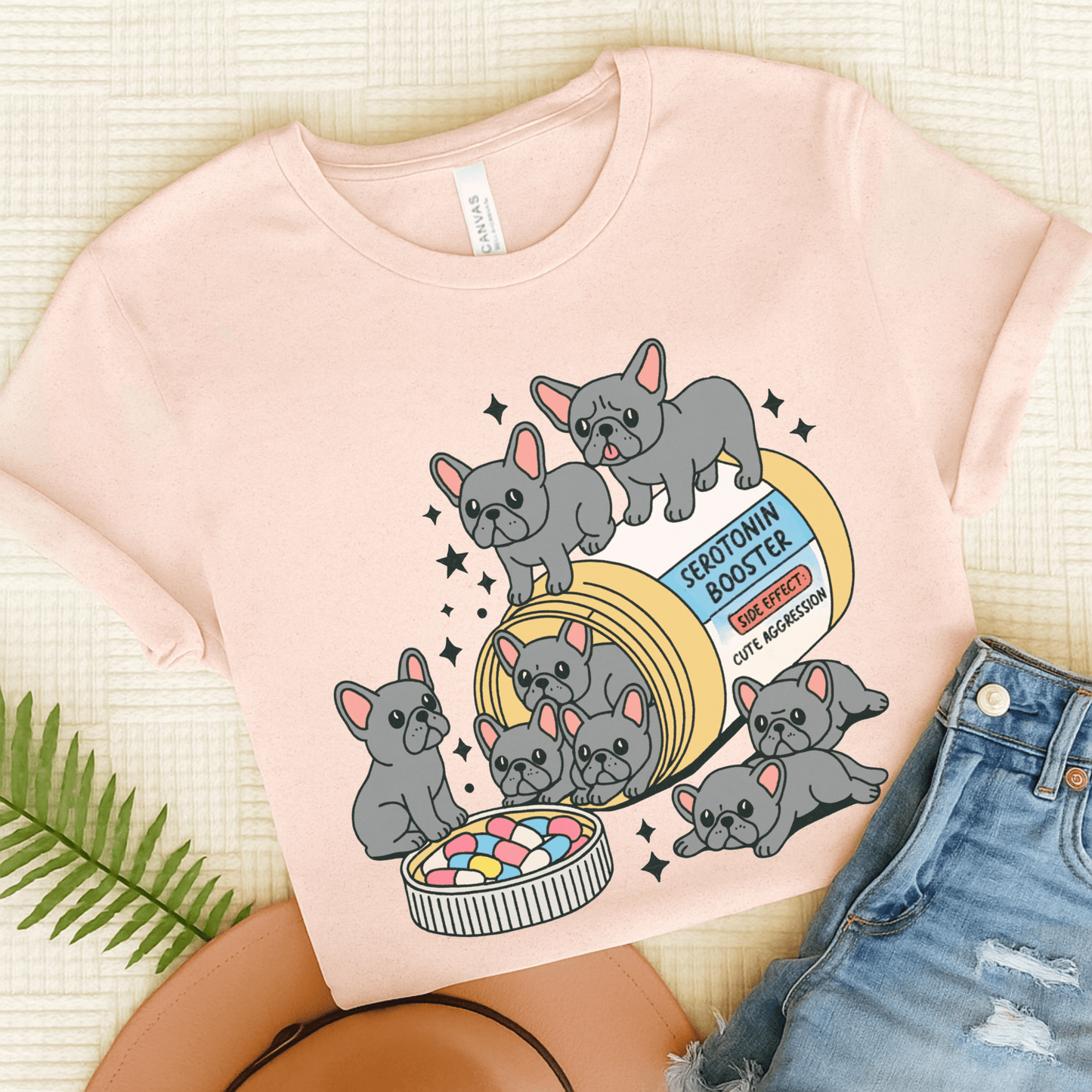 Serotonin Tee Black French Bulldog Soft Pink