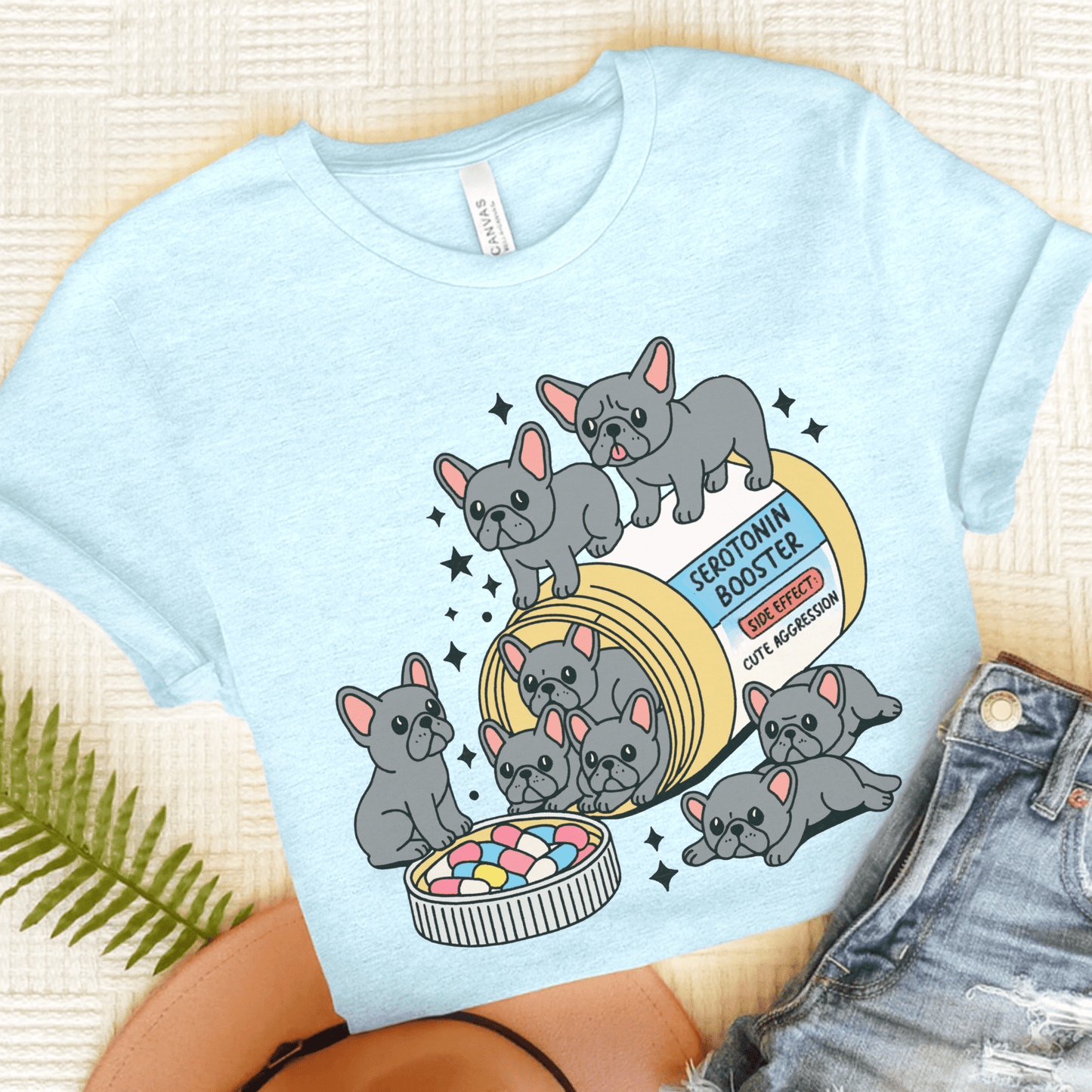 Serotonin Tee Black French Bulldog Heather Ice Blue