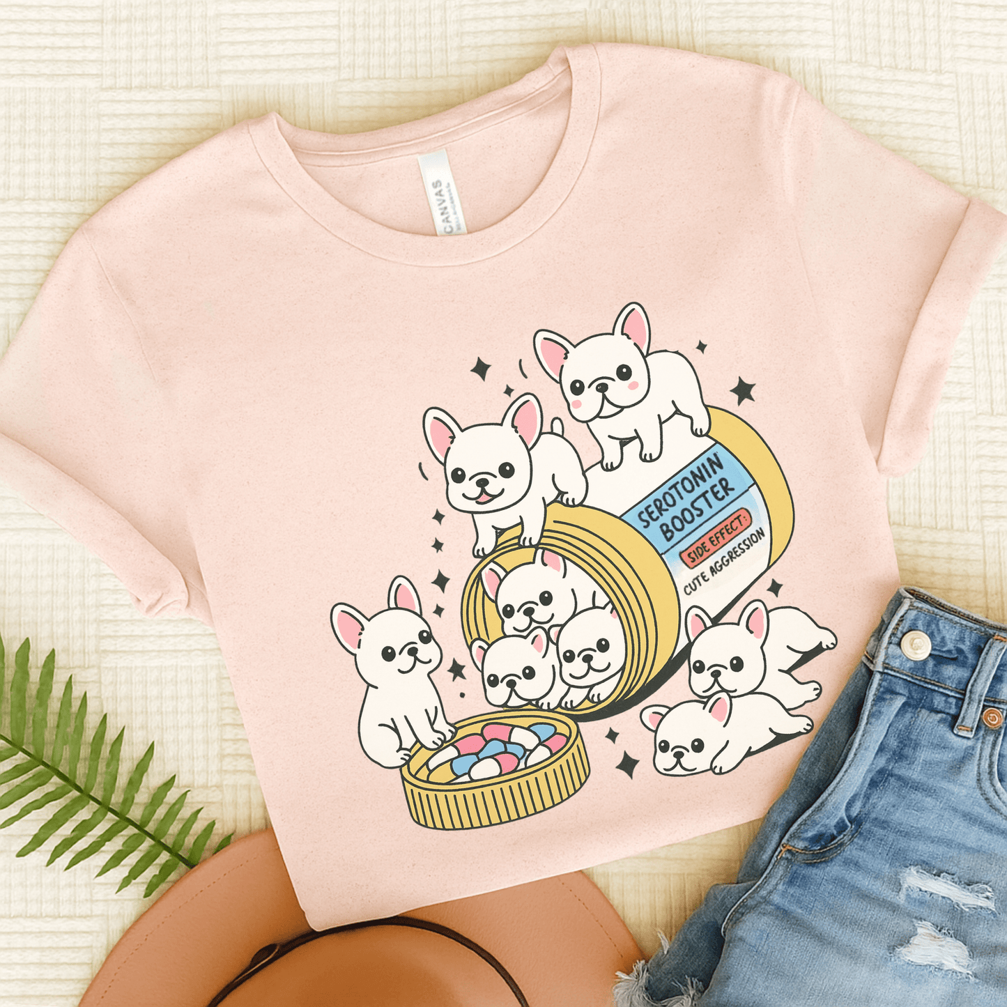 Serotonin Tee White Frenchie Soft Pink