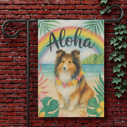 Printify Garden Flag 12'' × 18'' Shetland Sheepdog Dog Aloha Luau Garden Flag