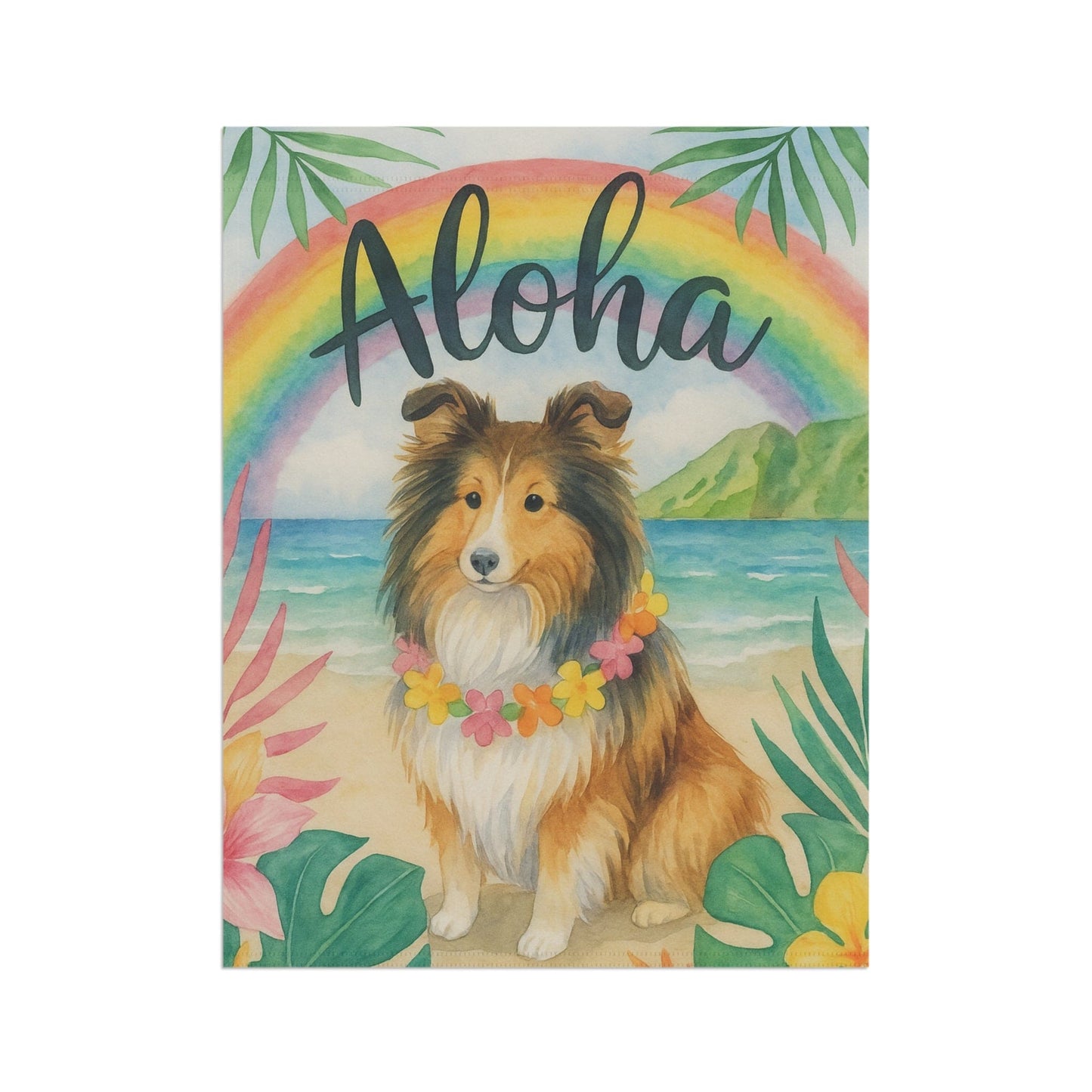 Printify Garden Flag Shetland Sheepdog Dog Aloha Luau Garden Flag