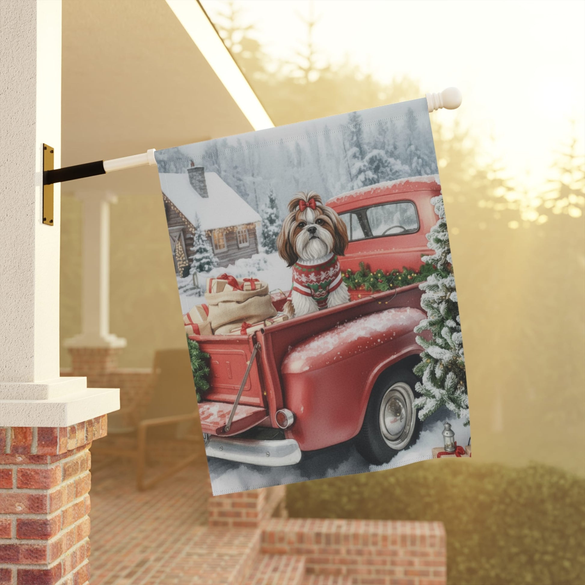 Home Decor Shih Tzu Dog Red Truck Christmas Garden Flag