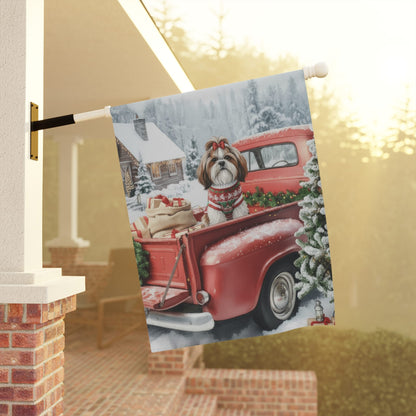 Home Decor Shih Tzu Dog Red Truck Christmas Garden Flag