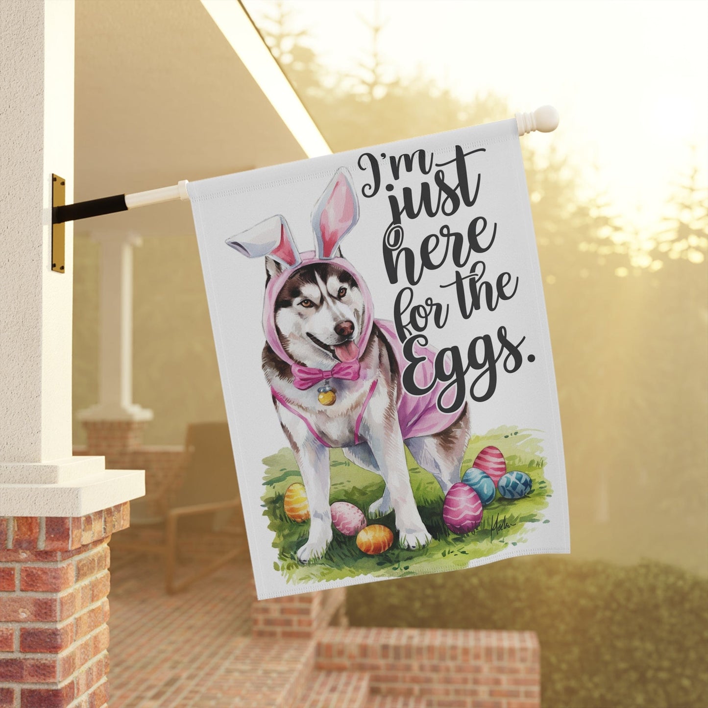 Printify Home Decor Siberian Dog Easter Garden Flag, Spring Front Yard Decor, Housewarming Gardener Gift