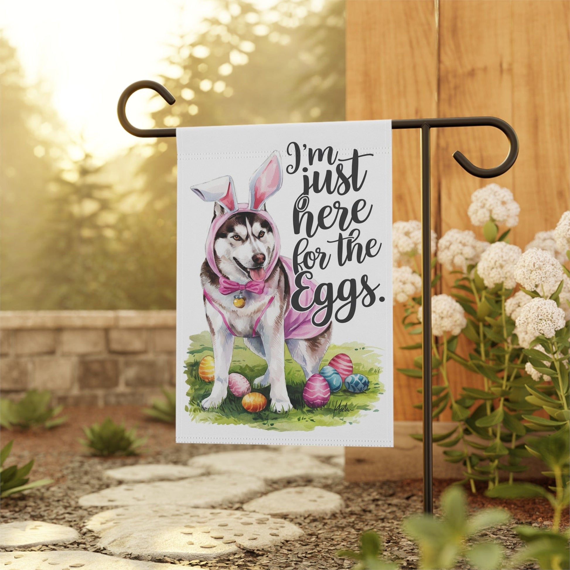 Printify Home Decor Siberian Dog Easter Garden Flag, Spring Front Yard Decor, Housewarming Gardener Gift