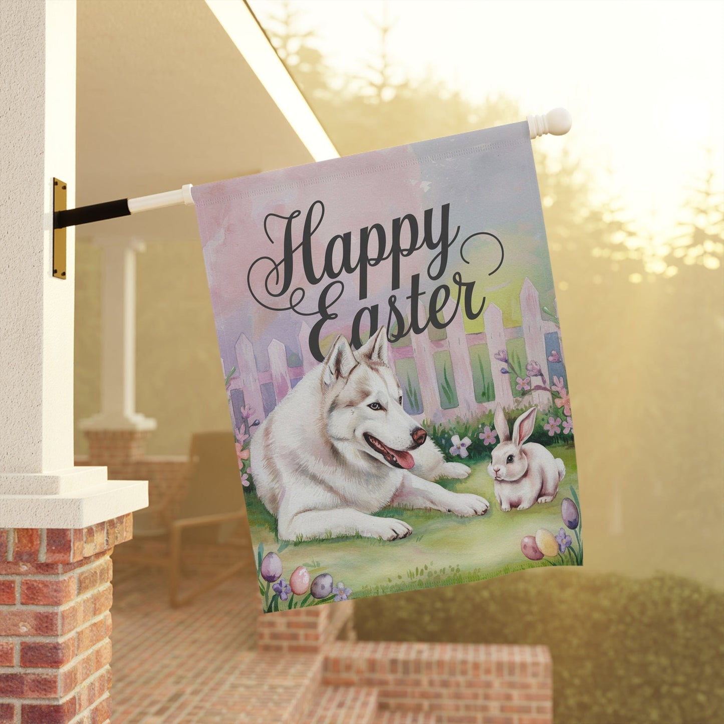 Printify Home Decor Siberian Husky Easter Garden Flag, Spring Yard Art Banner, Housewarming Gardener Gift