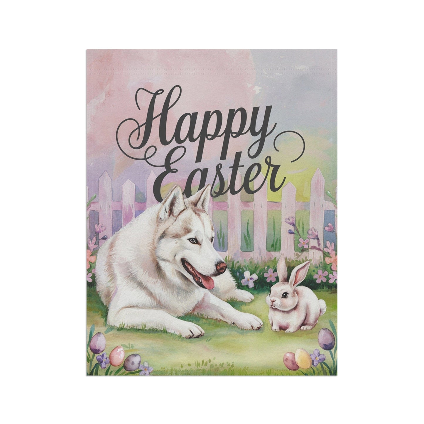 Printify Home Decor Siberian Husky Easter Garden Flag, Spring Yard Art Banner, Housewarming Gardener Gift