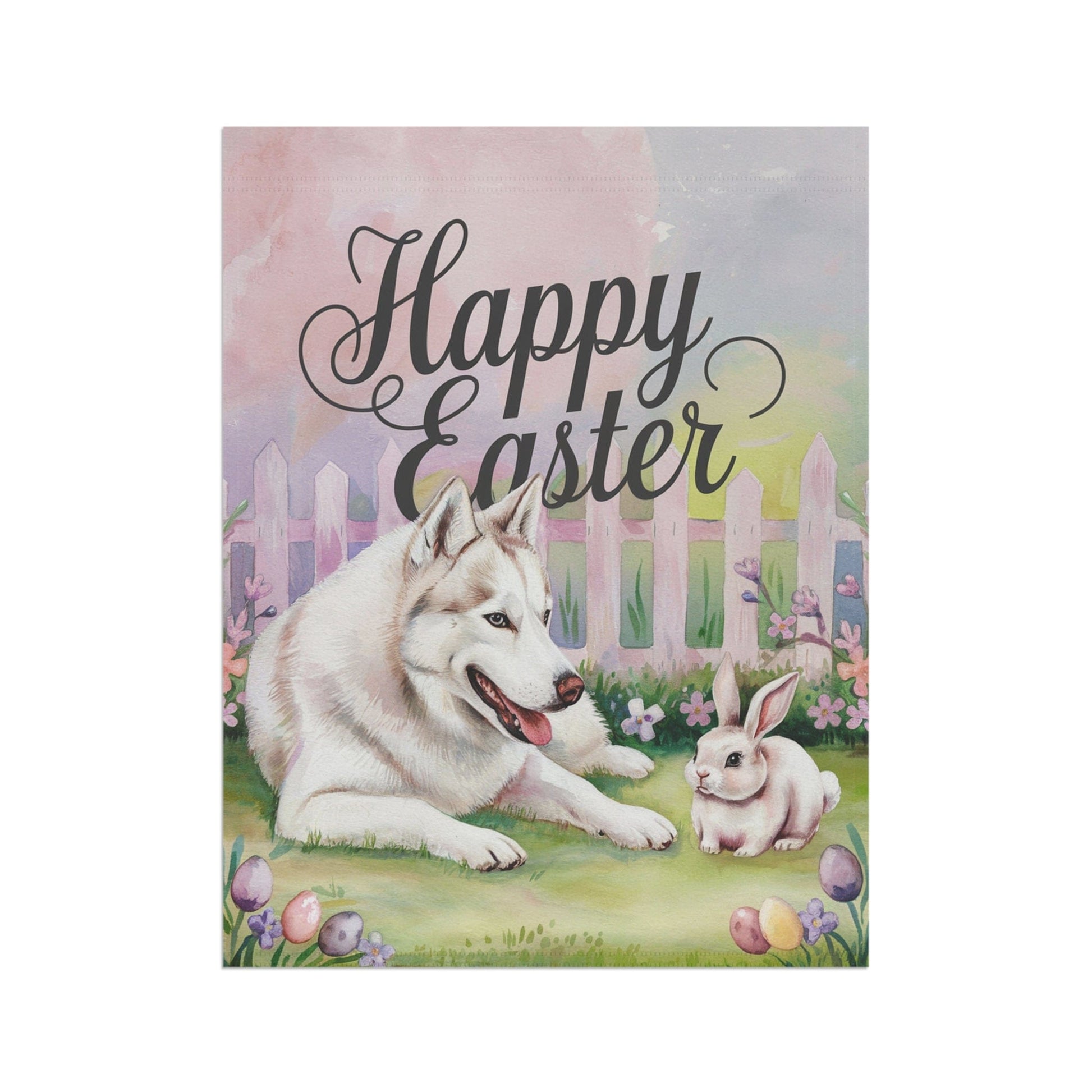 Printify Home Decor Siberian Husky Easter Garden Flag, Spring Yard Art Banner, Housewarming Gardener Gift
