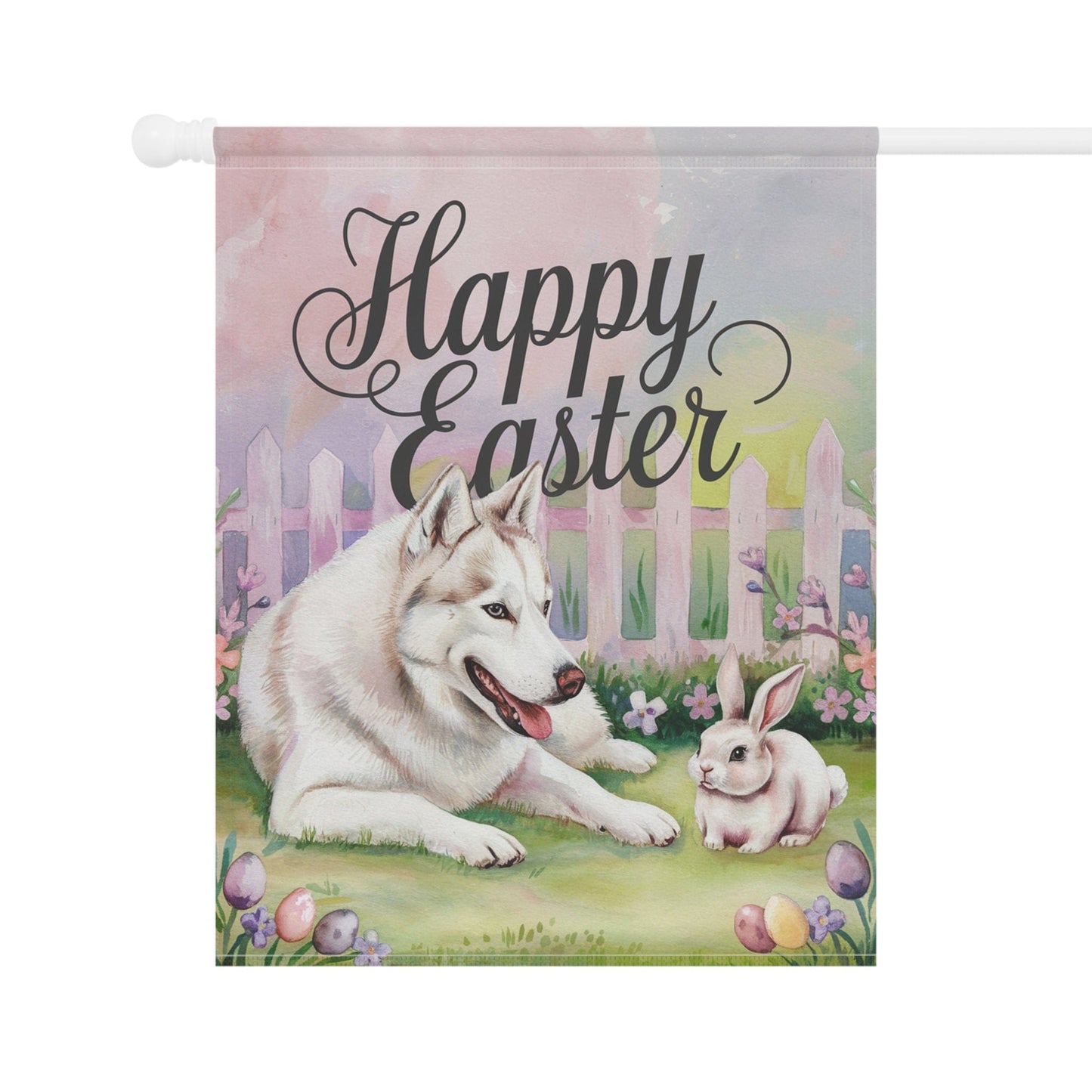 Printify Home Decor Siberian Husky Easter Garden Flag, Spring Yard Art Banner, Housewarming Gardener Gift