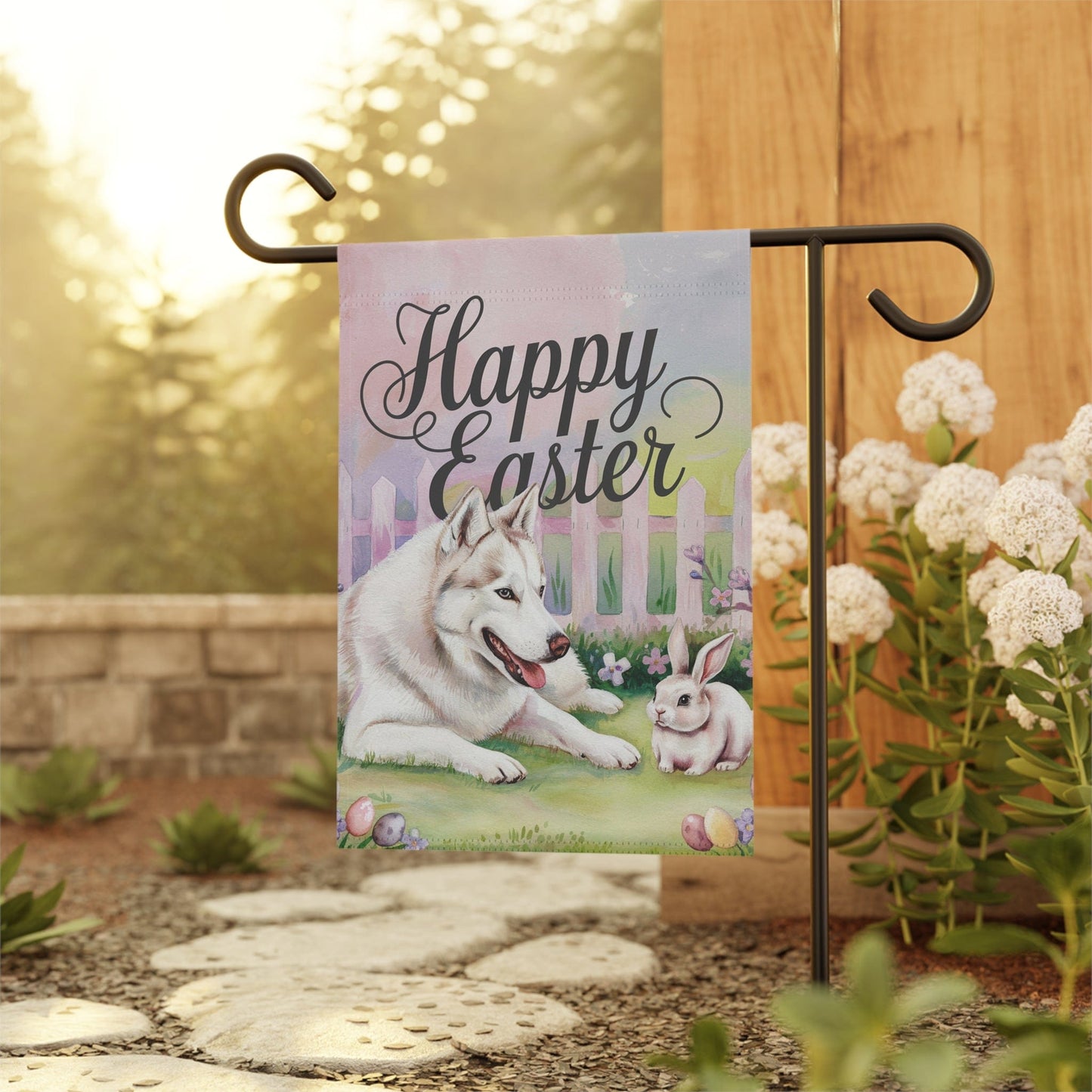 Printify Home Decor Siberian Husky Easter Garden Flag, Spring Yard Art Banner, Housewarming Gardener Gift