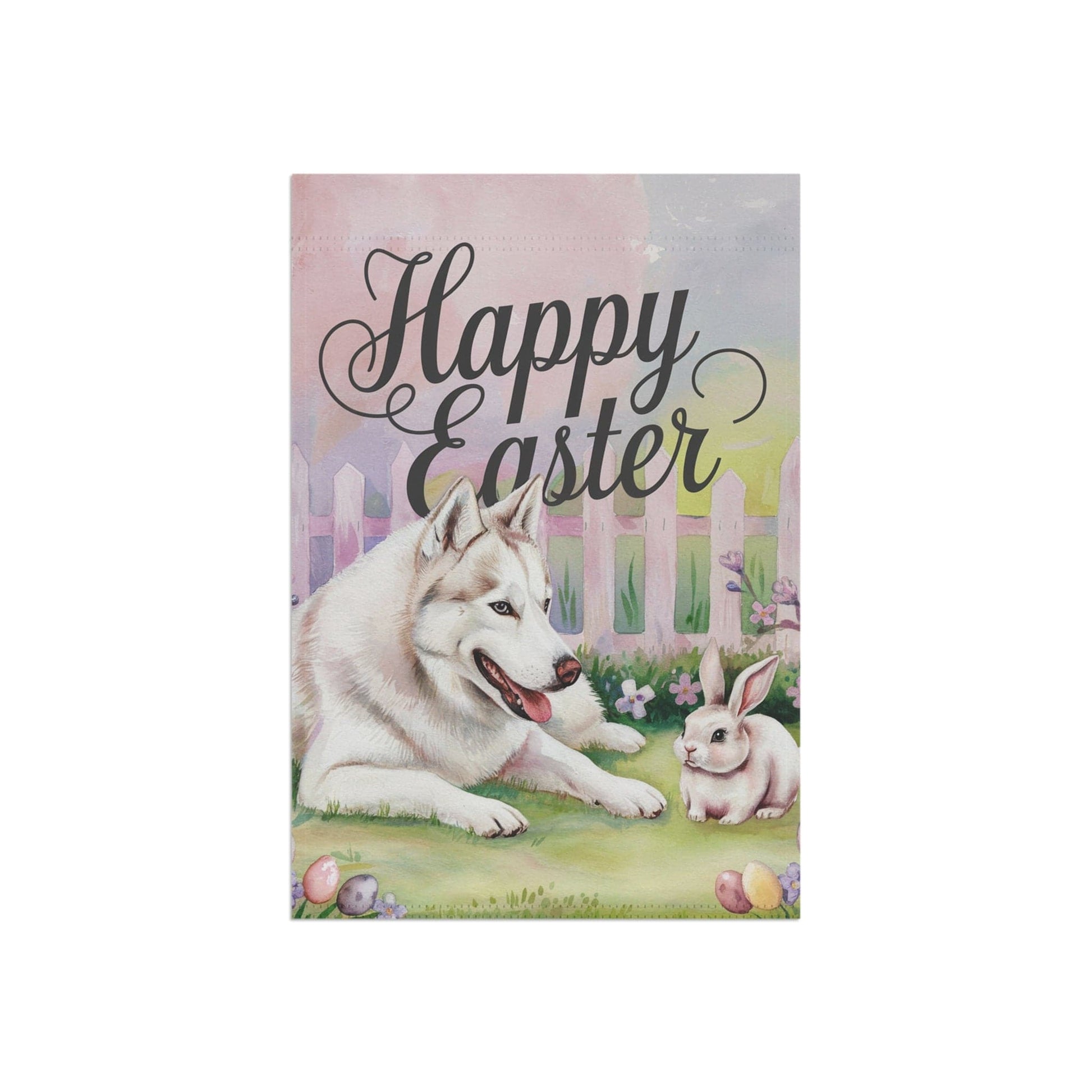 Printify Home Decor Siberian Husky Easter Garden Flag, Spring Yard Art Banner, Housewarming Gardener Gift