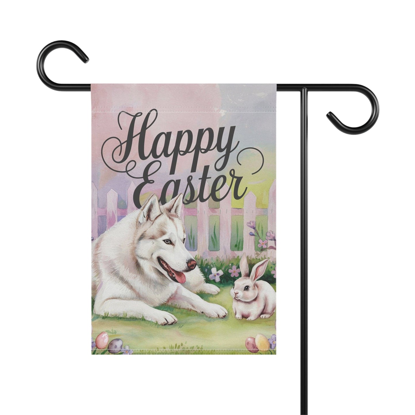 Printify Home Decor Siberian Husky Easter Garden Flag, Spring Yard Art Banner, Housewarming Gardener Gift