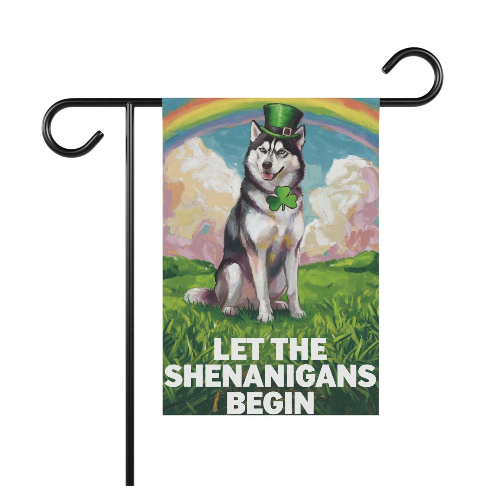 Printify Home Decor 12'' × 18'' Siberian Husky ISt. Patrick's Day Lawn Flag, Rainbow Festive Dog Siberian Garden Flag