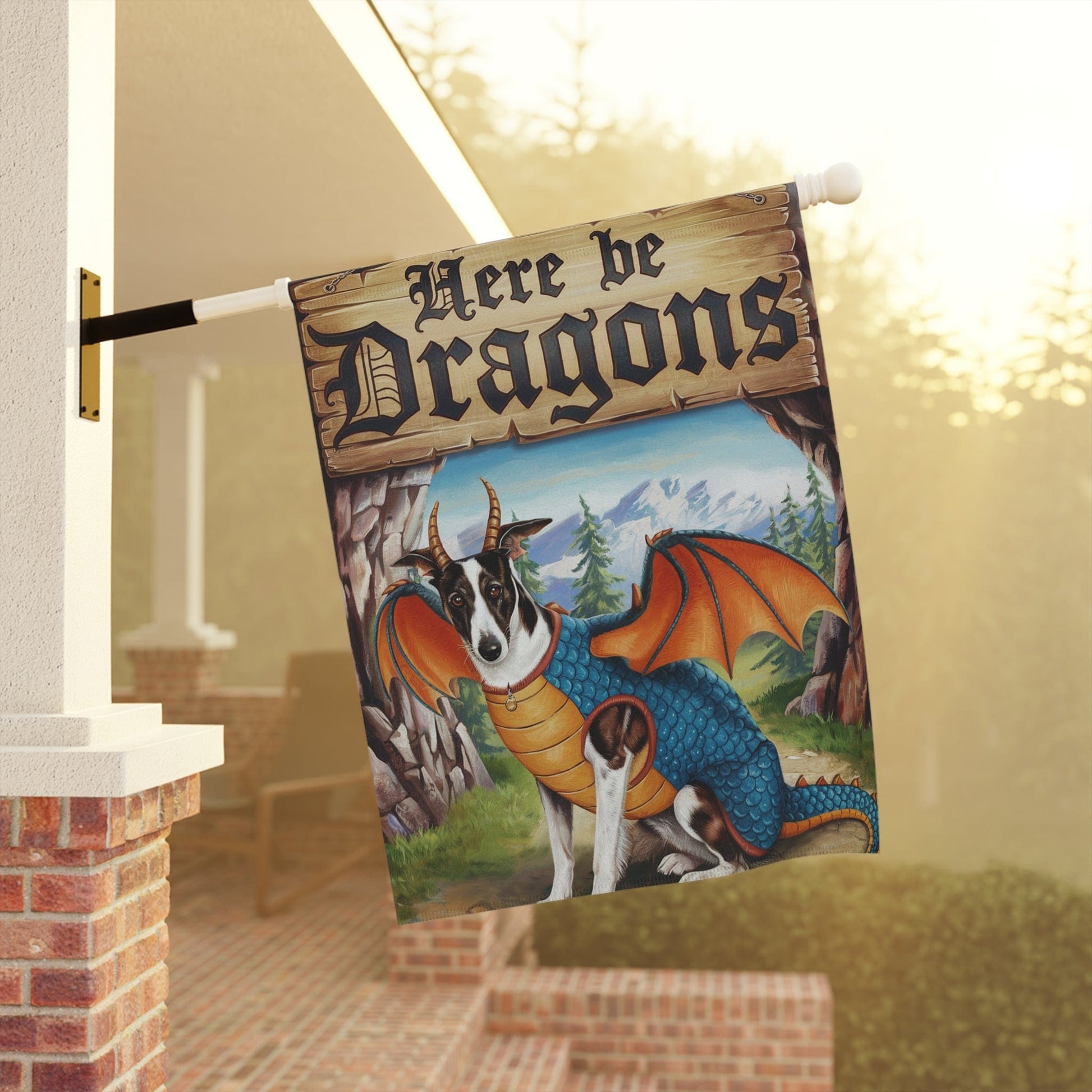 Printify Home Decor Spotted Greyhound Dog Dragon Garden Flag, Fantasy Pet Yard Spring Decor, Housewarming Gardener Gift, Halloween