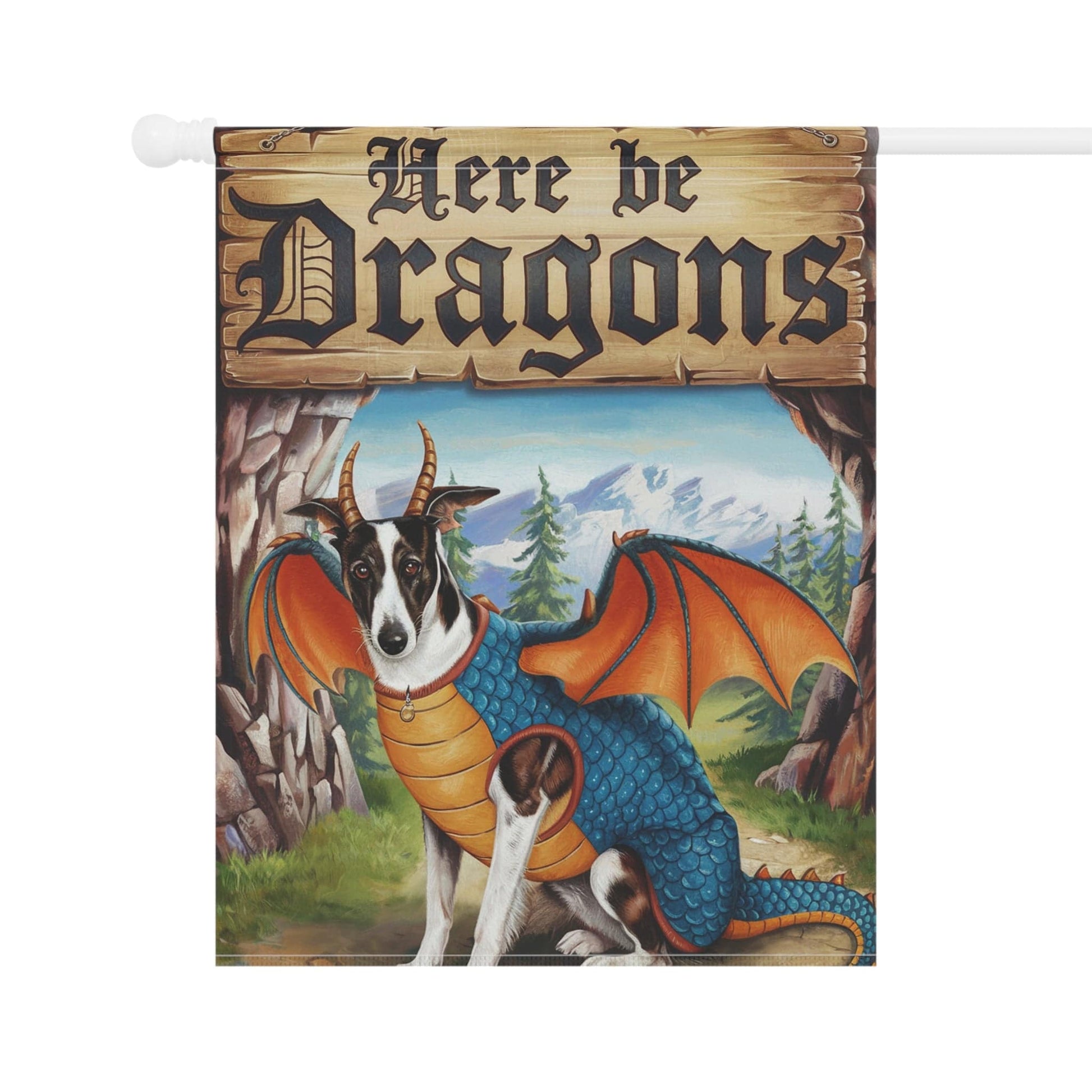 Printify Home Decor Spotted Greyhound Dog Dragon Garden Flag, Fantasy Pet Yard Spring Decor, Housewarming Gardener Gift, Halloween