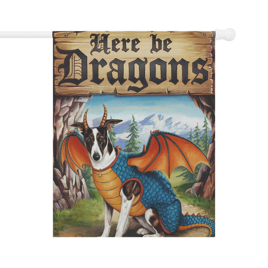 Printify Home Decor 24.5'' × 32'' Spotted Greyhound Dog Dragon Garden Flag, Fantasy Pet Yard Spring Decor, Housewarming Gardener Gift, Halloween