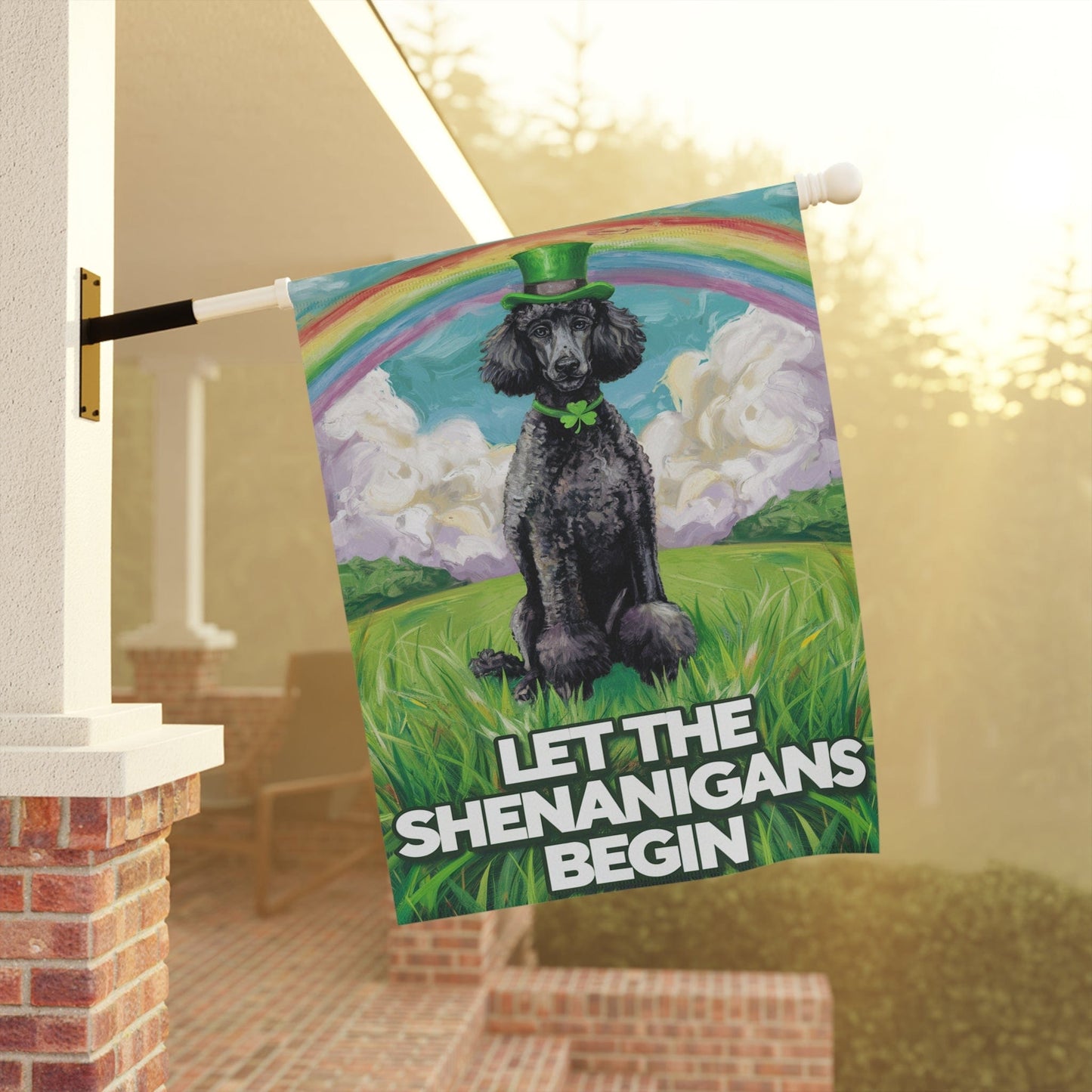 Printify Home Decor St. Patrick's Day Black Poodle, Lucky Pot of Gold, Rainbow Leprechaun Dog, Pet Garden Flag