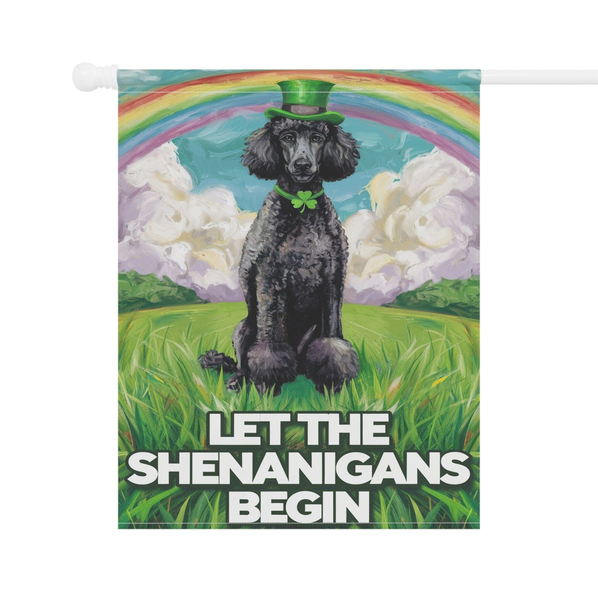 Printify Home Decor St. Patrick's Day Black Poodle, Lucky Pot of Gold, Rainbow Leprechaun Dog, Pet Garden Flag