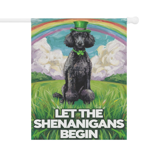 Printify Home Decor 24.5'' × 32'' St. Patrick's Day Black Poodle, Lucky Pot of Gold, Rainbow Leprechaun Dog, Pet Garden Flag